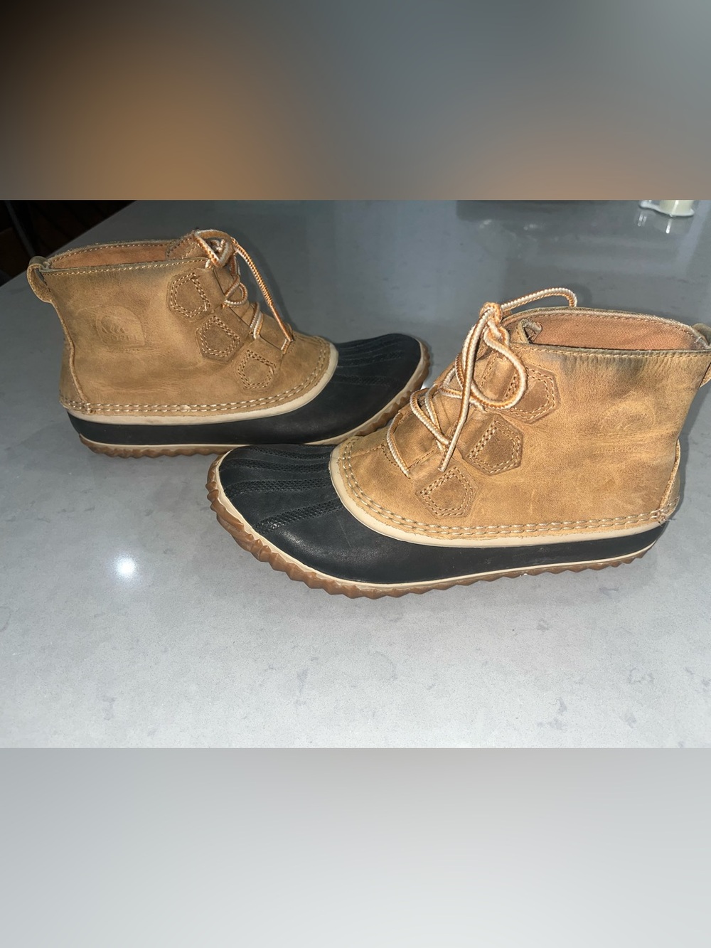 Sorel Two-Tone Leather and Rubber Duck Boots in Brown and Black